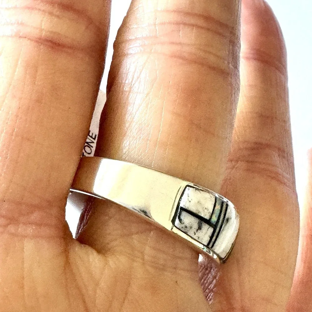 Navajo Wedding Band Sz 11 Inlay Ring Opal White Buffalo 8mm Mens Signed A Tolino